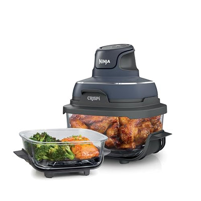 crispi 4 in 1 portable glass air fryer cooking system, 4qt &p; 6 cup glass containers with storage lids, easy me, micrave, freezer &p; disasher safe, air fry, bake &p; more, cyberspace, fn101gy : home &p; kitchen